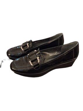 Stuart Weitzman Patent Leather Wedge Loafers with Silver Buckle Vintage, Size 9